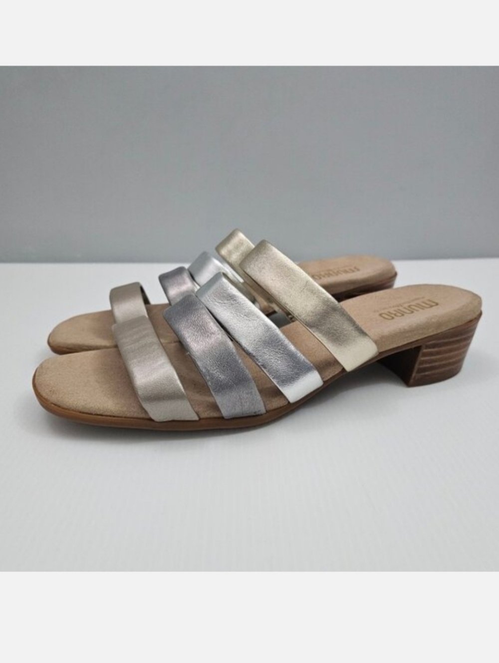 Munro Adrianne Metallic Strappy Sandal Womens 10 NARROW Taupe Leather Slide